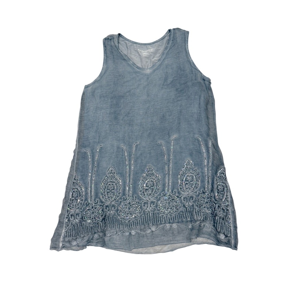 Soft Surroundings Womens M Blue Embroidered Silk Tunic Top Lined Lagenlook Boho